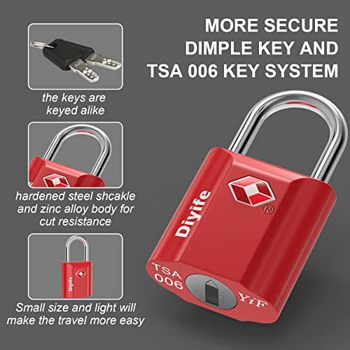 TSA Luggage Lock with Keys [2 Pack] - Diyife Heavy Duty Zinc Alloy Security Padlock for Travel Suitcase Bag Case with 4 Keys (Red) — view 3