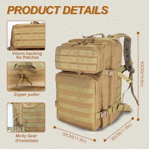 HEMSO Military Tactical Backpack, 45L Outdoor Assault Survival Travel Backpack, Waterproof Backpack, Suitable for Hunting, Hiking & Camping and Other Outdoor Activities (Khaki) — view 2