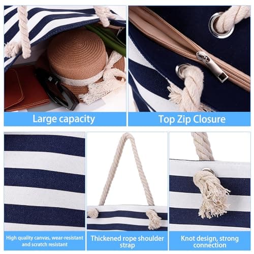 ViEinkaufen Waterproof Beach Bag,Navy Blue Beach Bags for Women with Zipper — view 5