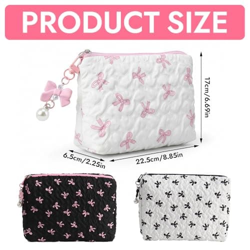 3 PCS Small Makeup Bag for Handbag Set, Cute Travel Cosmetic Pouch with Bow Pattern, Portable Toiletry Organizer for Women & Girls, Cosmetic Bag for Daily Outings & Home Storage (Black+White+Pink) — view 2