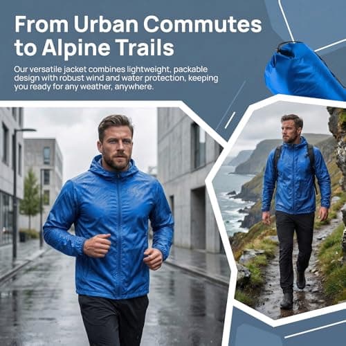 Youkly 2 Pcs Men's Lightweight Waterproof Jacket (M, Black + Royal Blue) — view 5