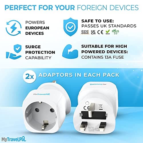 MyTravelPal EU to UK Plug Adapter (2 Pack) | Europe Schuko 2 Pin to 3 Pin — view 5