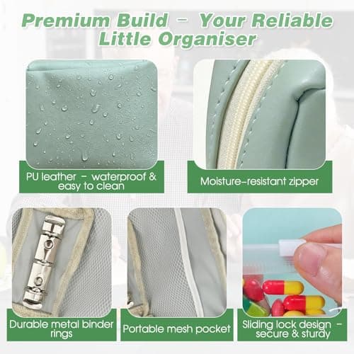 Waterproof Pill Organiser Pouch Set for Travel, 14 Removable Colour-Coded Bags Easy to Label & Refill, Storage Organizer for Medication Vitamins Fish Oils (Green) — view 6