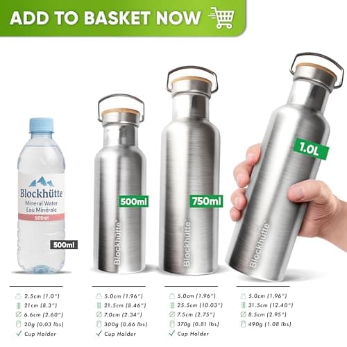 Blockhütte Stainless Steel Water Bottle I 750ml I Insulated Metal Flask, BPA Free, Leakproof, Dishwasher Safe, Ideal for Gym, Travel, Cold Drinks, Reusable, with Natural Cleaning Brush — view 5