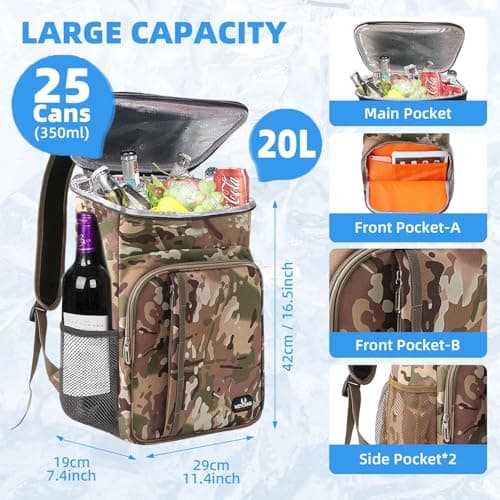 Bagtopia Camping Cooler Backpack 25 Cans, Leak Proof Soft Insulated Compartments Thermal Bag, Portable Lightweight Beach Travel Trip Picnic Lunch Backpack for Men and Women, Camouflage — view 2