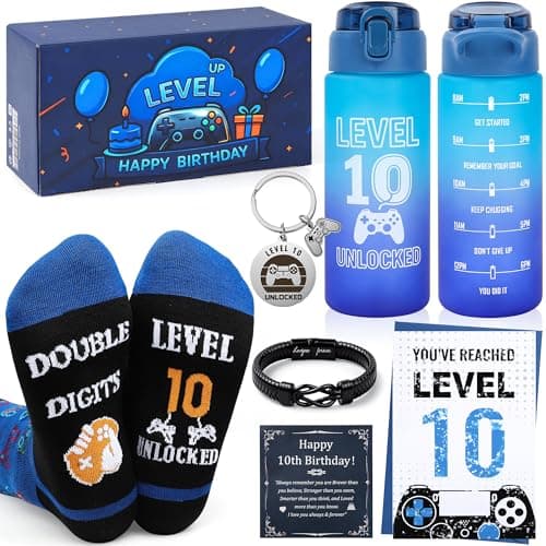 EccoDen 10th Birthday Gifts for Boys Age 10 – Funny Gamer Gift Set with Sports Water Bottle, Gamepad Keyring, Level 10 Socks & Bracelet – Cool Birthday Presents for Gamer Kids