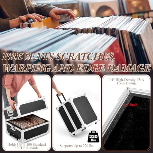 Dansydaisy Rolling Vinyl Record Case Holds up to 100 Lp Records Aluminum DJ Flight Case with Wheels Telescoping Handle Lockable Vinyl Record Storage Box with Foam Padded Interior for Collectors DJ — view 6