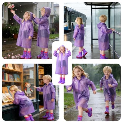 AropaeenGlowry 2pcs Kids Waterproof Rain Poncho with Hood & Sleeves - Reusable EVA Raincoat for Boys Girls, Camping & Travel, Purple — view 6