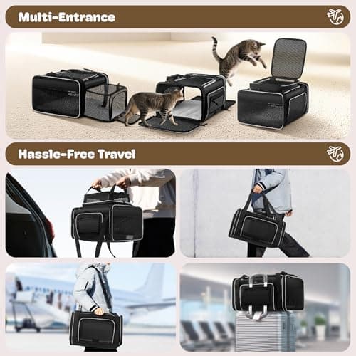 Top and 2 Sides Expandable Large Cat Carrier 18x13.5x9.5, TSA Airline Approved Dog Carriers for Large Dogs, Soft-Sided Pet Carrier with Self-Locking Zippers for Kitten,Rabbit,Puppy, Black White — view 6