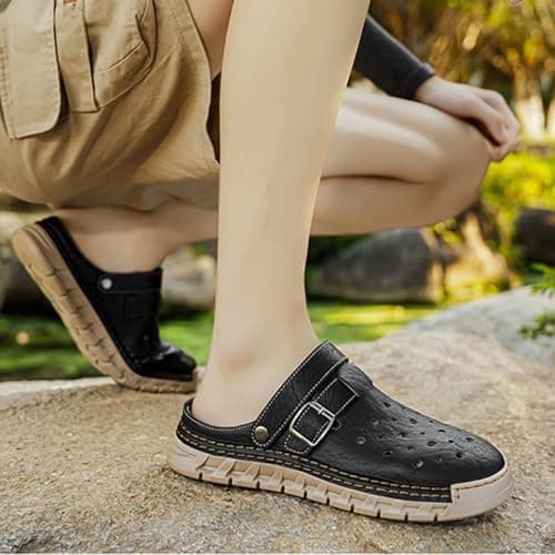 Hixingo Men's Sandals Closed Toe Wide Fit Size 7.5-11.5 UK, Leather Sandals for Men Summer Beach Slippers Lightweight Adjustable Strap Non-Slip Sole for Walking, Hiking, Holiday (Black,8.5) — view 2