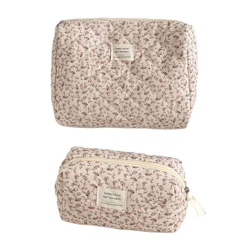 2 Pcs Small Cosmetic Bag, Rose Floral Canvas Makeup Bag, Multifunctional Travel Toiletry Bag, Flower Printing Corduroy Pencil Case for Women Girls Birthday Gift (Pink Flower)