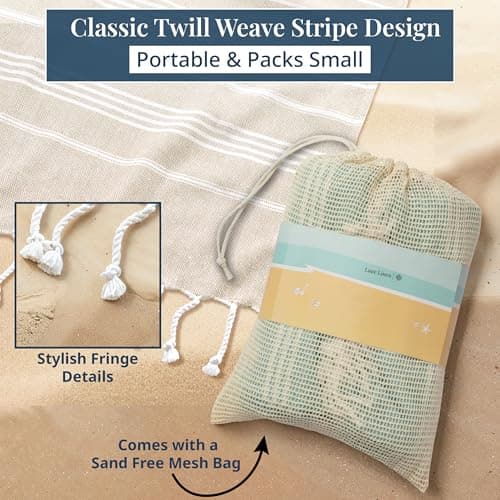 LANE LINEN Giant XL Turkish Beach Towel Blanket – 208x208 cm Extra Large Cotton Sand-Free Quick Dry Towel – Perfect for Beach, Camping, Travel, Picnic, Outdoor Adventures - Beige — view 5