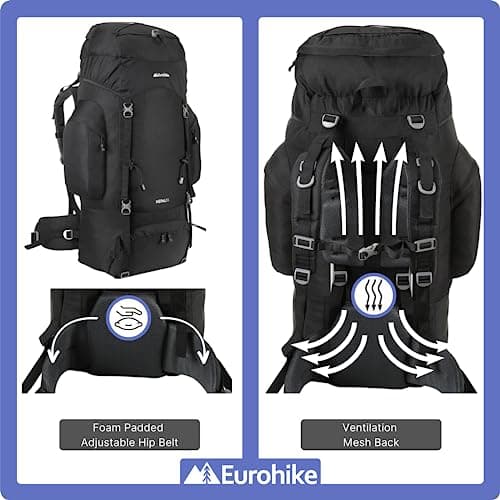 Eurohike Nepal 85 Litre Rucksack with Ventilated Back Panel & Padded Harness, 85L Backpack, Bag for Men & Women, Adjustable, Lightweight, Camping, Hiking, Trekking, Travelling, Outdoor, Black — view 5