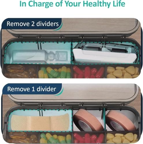 Fullicon Extra Large Pill Box Organiser with 12 Compartments, Large Travel Pill Box for Supplement with 3 Secured Buckles, Daily Moisture Proof Vitamin Box with Removable Dividers (Black) (Pack of 2) — view 5