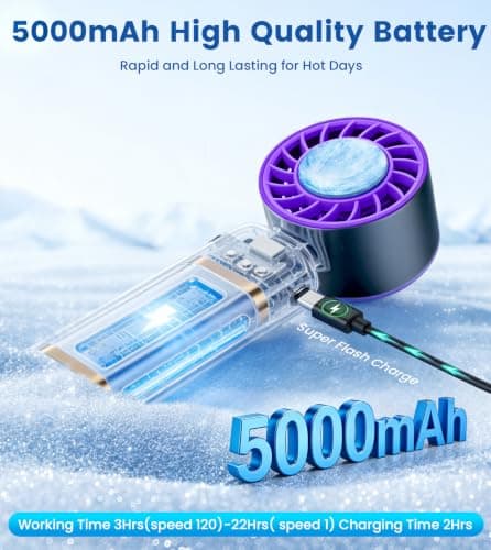Handheld Portable Turbo Fan with Cooling Plate, Powerful 21000 RPM, 5000mAh Battery, Speed (1-120), Up to 22Hrs Cooling, 90°Foldable Rechargeable Mini Hand Held Fans for Travel/Outdoor/Home/Office — view 3