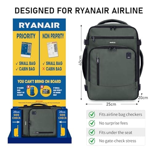 ECOHUB for Ryanair Cabin Bags 40x20x25, Underseat Hand Luggage Backpack with Laptop Compartment, Recycled Travel Carry on Bag, Flight Rucksack with Anti-Theft Pocket, Patented, Green-20L — view 2