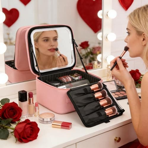 Makeup Bag with LED Mirror-3 Colors Modes Travel Makeup Organiser Pink — view 2