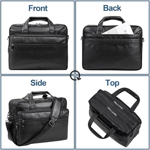 seyfocnia Leather Laptop Bag, Men's 17.3 Inch Messenger Briefcase Business Satchel Computer Handbag Shoulder Bag Fits 17.3 Inch Laptop Computer (Black) — view 5