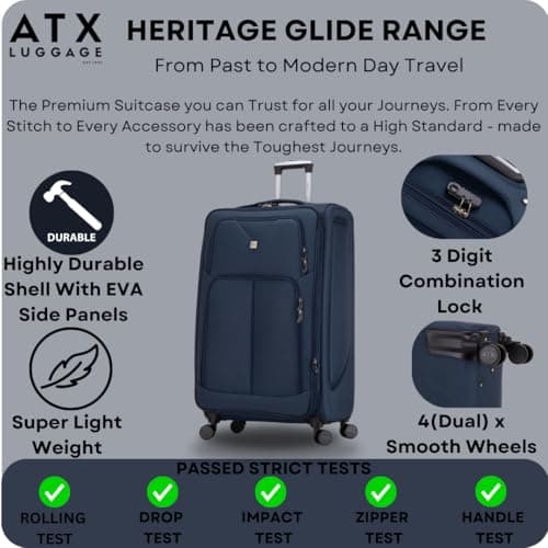 ATX Luggage 24" Medium Suitcase Soft Shell 73L Expandable Lightweight 20-23KG Hold Check in with 4 Spinner Wheels and Built-in 3 Digit Lock (Navy) — view 2