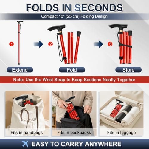 supregear Walking Stick - Adjustable Folding Walking Sticks for Women and Men - Lightweight Portable Collapsible Balancing Aid - Foldable Travel Cane for Ladies Elderly Adults, Red — view 4