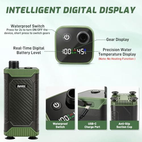 AKOFIC Portable Camping Shower, 8000mAh Rechargeable Camping Shower Pump with Intelligent LED Display, IPX8 Waterproof Outdoor Shower Kit for Hiking, Travel, Car, Pet, Campervan, Army Green — view 3