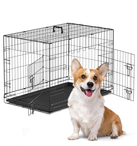 The Fellie Medium Dog Crate, Dog Cages Medium Size with Removal Base Tray, Collapsible Thickened Cat Iron Crate,35-Inch Training Cage Animal Carrier, Portable Metal Dog Travel Crate