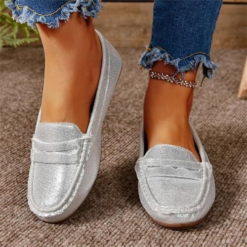 Leather Penny Loafers for Women Slip‑On Flats Pumps Moccasin (Silver 4 UK) — view 2