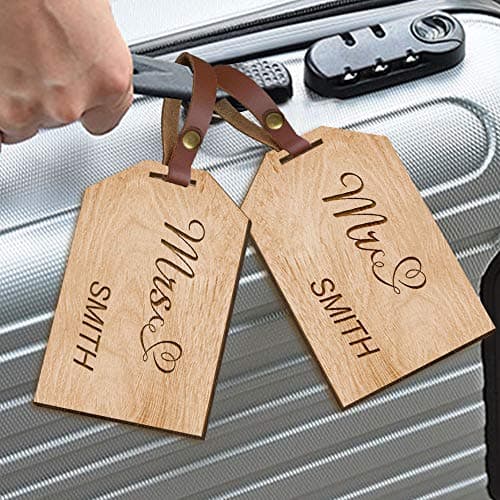 Personalised Laser Engraved Wooden Luggage Tags 2pcs Honeymoon Trip Tags - School Gym Bag Hand Finished in UK — view 3