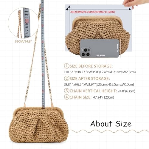 Emprier - Women's Straw Handbag, Cloud Dough Ball Bag, Crossbody Straw Shoulder Bag, Woven Bag for Summer, Beach, Khaki, Talla única — view 5