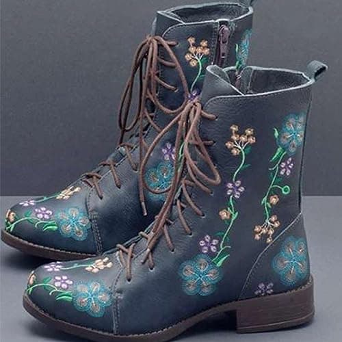 Lace Up Boots Women Casual Comfortable Low Chunky Heel Shoes Stylish Non-Slip Printed Embroidered Round Toe Side Zipper Wide Fit Combat Boots Outdoor Walking Hiking — view 2