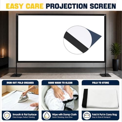 CPLIRIS Projector Screen with Stand, 120 Inch Solid Metal Screwlock Frame 16:9 4K HD Wrinkle-Free Projection Screen, Front & Rear Projection, Portable for Home Theater, Backyard Moive Night — view 3