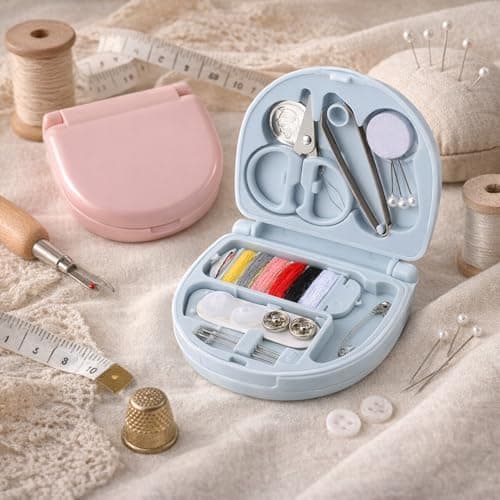 2 Pack Mini Sewing Kit, Compact Semi-Circular Travel Sewing Case, Portable Needle and Thread Set with Scissors Buttons Pins for Home & Outdoor Use (Blue & Pink) — view 6
