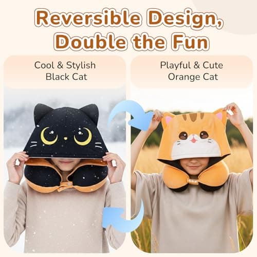 Mewaii Kids Travel Neck Pillow, Airplane Pillow with Cat Hood, Orange — view 6