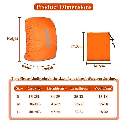 Waterproof Backpack Cover with Reflective, 15L-25L Rucksack Rain Cover with Storage bag, Rainproof Rucksack Cover for Hiking Camping Traveling Cycling (Orange, S) — view 2