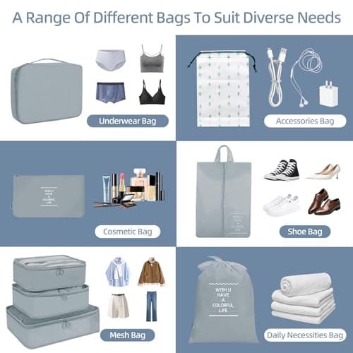 12Pcs Packing Travel Cubes for Suitcase Luggage Organizers with 5 Drawstring Bags,Suitcase Organiser Bag with Waterproof Shoe Storage Bag Compression Pouches Grey — view 5