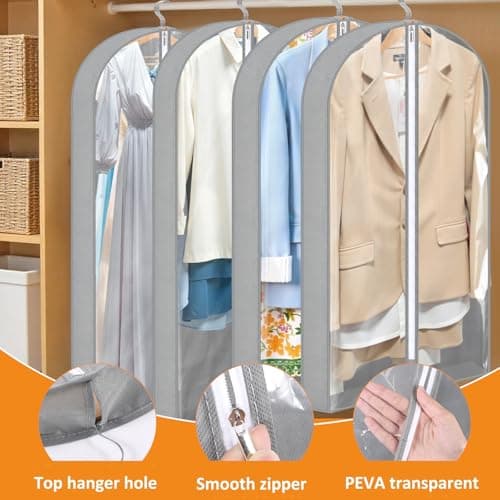 4 Pack Garment Bags, 40/60 Inch Clothes Covers with 4" Gusset, Grey — view 5