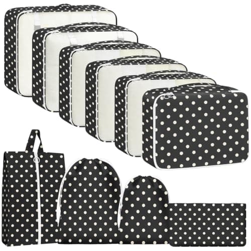 Suitcase Organiser Set, 10 Pieces Packing Cubes for Suitcase Travel Accessories Suitcase Organiser Set Clothes Bags Packing Cubes Cosmetic Travel Organiser Packing Bags for Suitcases White Dots
