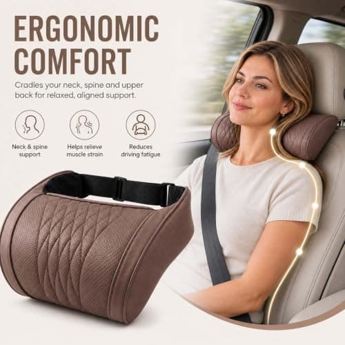 Universal Memory Foam Car Headrest Neck Pillow, with Leather Cover，Maroon — view 2