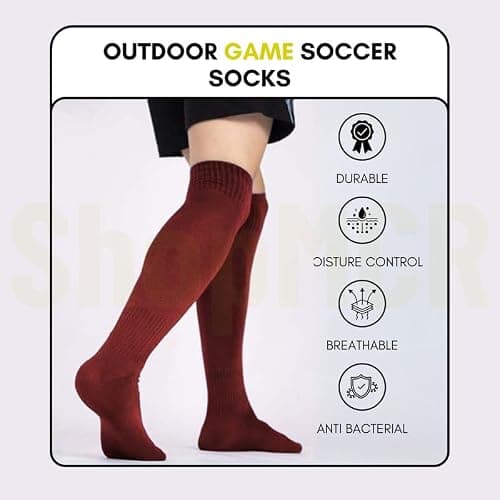 ShopMCR Unisex Football, Rugby, Hockey Sports Knee High Long Socks, Kids, Adults, juniors Knee High Football Socks Outdoor game Soccer Socks (3-6, Maroon) — view 3