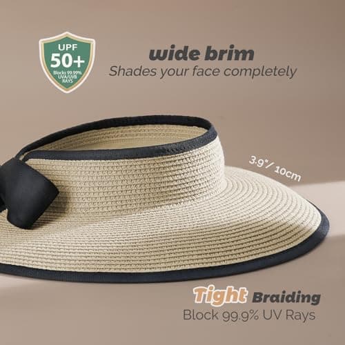 Creekstone Sun Visor Hats for Women Straw Visor Wide Brim UV Protection Packable Summer Beach Hat Ponytail Travel UPF 50+ (UK, Alpha, One Size, Beige with Black Rim) — view 4