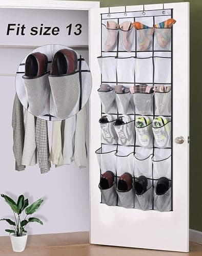 MISSLO Over the Door Shoe Storage Organiser Hanging Shoe Rack Holder 24 Large Mesh Pockets for Wardrobe Door Tidy with Hanger(White) — view 2