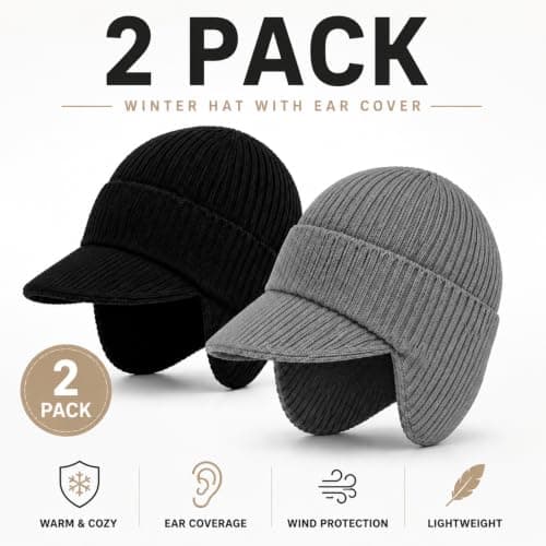 DOINEUFL 2 Pack Beanie Hat Men with Brim and Ear Covering, Thermal Mens Fleece Lined, Hats for Men UK Winter Caps, Warm Winter Beanie — view 6