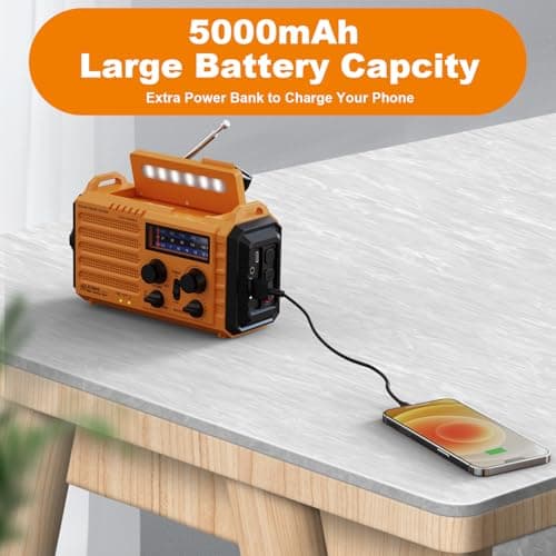 Mesqool Wind Up Radio Solar Powered, 5000mAh Emergency Hand Crank AM FM Radio with Flashlight, Reading Lamp, USB Phone Charger, SOS Alarm and Compass — view 4