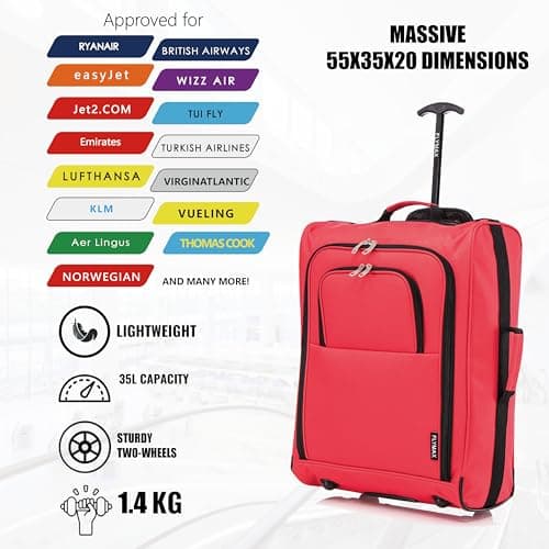55x40x20 Ryanair Cabin Bag Hand Luggage Lightweight Suitcase Approved Carry on Luggage 1.4kg 44L Fit Red — view 5