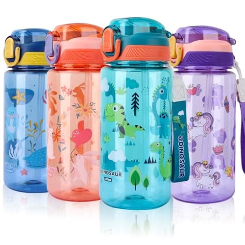 SENBSLAN Kids Water Bottles With Straw,600ml Drinks Bottle for School,Leakproof Children's Bottle BPA free Sport Bottle for Girls Boys (Greenish Blue-Dinosaur)