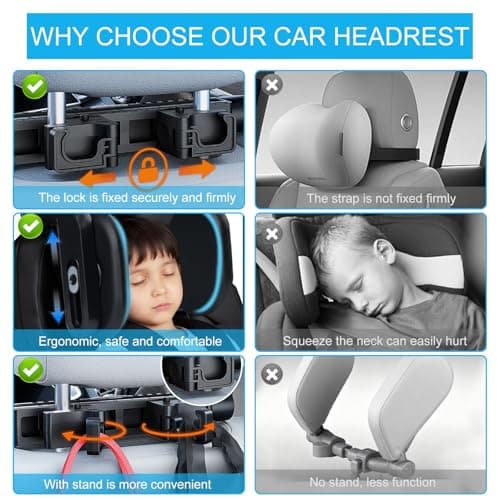 Alaoo Car Seat Headrest Pillow, Detachable and Adjustable Double Sided Support Headrest, Travel Sleep Side Pillow for Adults and Kids, Black Upgrade — view 6