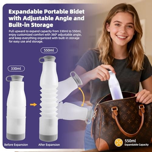 Hibbent Portable Bidet for Travel, High Pressure Electric Handheld Bidet Sprayer, 350-550ML Expandable Bottle for Personal Hygiene, USB-C Rechargeable Waterproof Sprayer for Women & Men, Purple — view 3