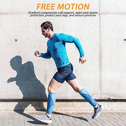 Calf Compression Sleeves for Women & Men 2 Pack Elastic Calf Support Footless Socks Ventilation Calf Brace for Pain Relief, Sports Recovery, Cycling, Travelling, Gym Calf Guards (Blue, L) — view 4