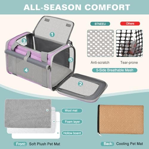 BTNEEU Soft Sided Cat Carrier Bag Airline Approved Large Pet Carrier Portable Dog Carrier Ventilated Foldable Pet Travel Carriers Bag For Cats/Small Dog With Shoulder Strap & Washable Mat (Purple) — view 2