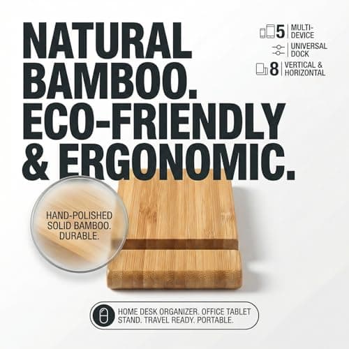 wellrun Portable Bamboo Mobile Phone Stand for Desktop,Double Groove Natural Wooden Tablet Holder,Desk Cell Phone Stand for iPad,All Smartphones — view 4